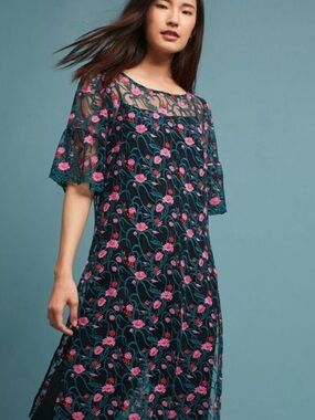 Anthro Moulinette Soeurs Floral Embroidered Lace Mesh Net Sheath Tunic Medium